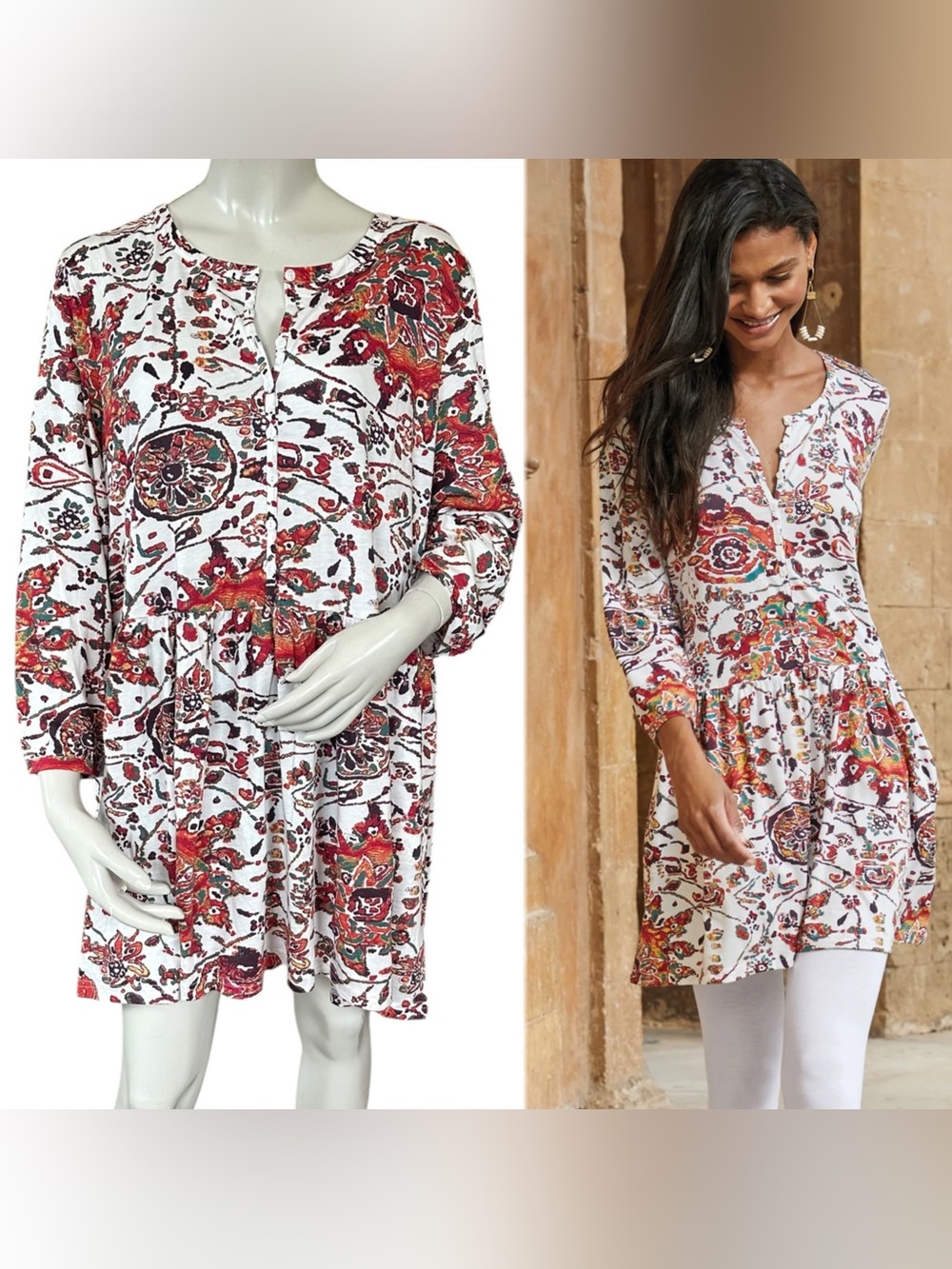 Peruvian Connection White Boho Print 100% Pima Cotton Joa Tunic Blouse Size XXL